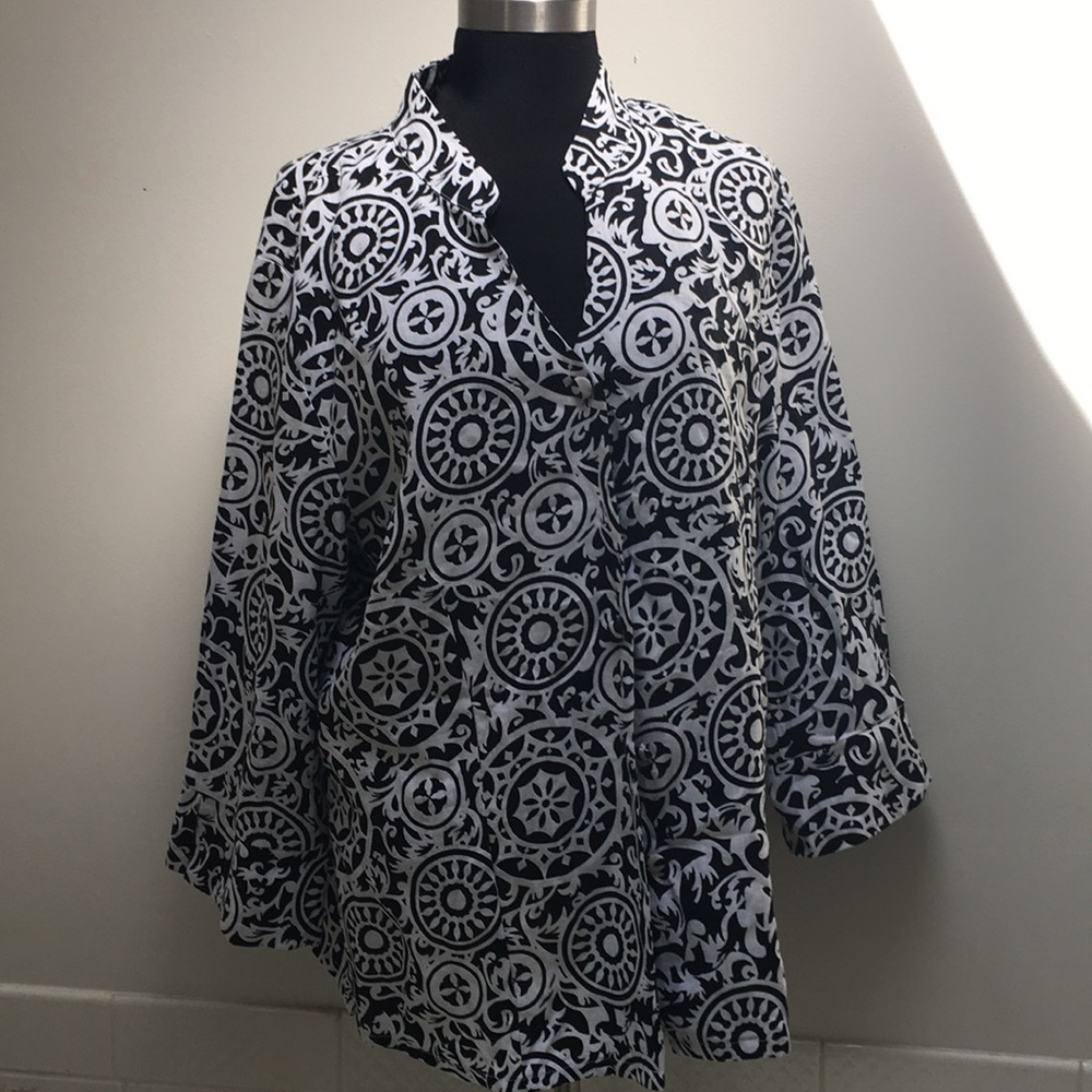 Carole Little jacket 1X 100% linen black white geometric roll up sleeve